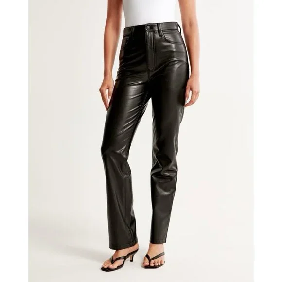 Abercrombie & Fitch Women 28/6 Curve Love Vegan Leather 90s Straight Pant Black - Picture 1 of 16